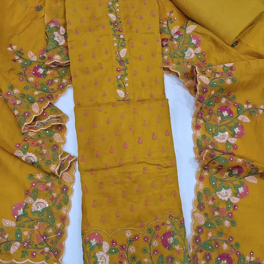 Mehandhi yellow embroidered pure maslin silk salwar material jn251811-Neidhal