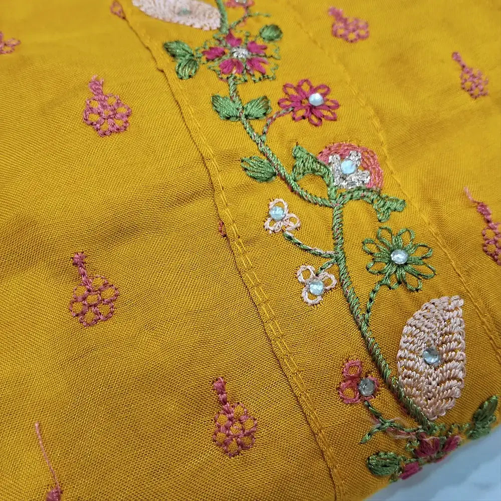 Mehandhi yellow embroidered pure maslin silk salwar material jn251811-Neidhal