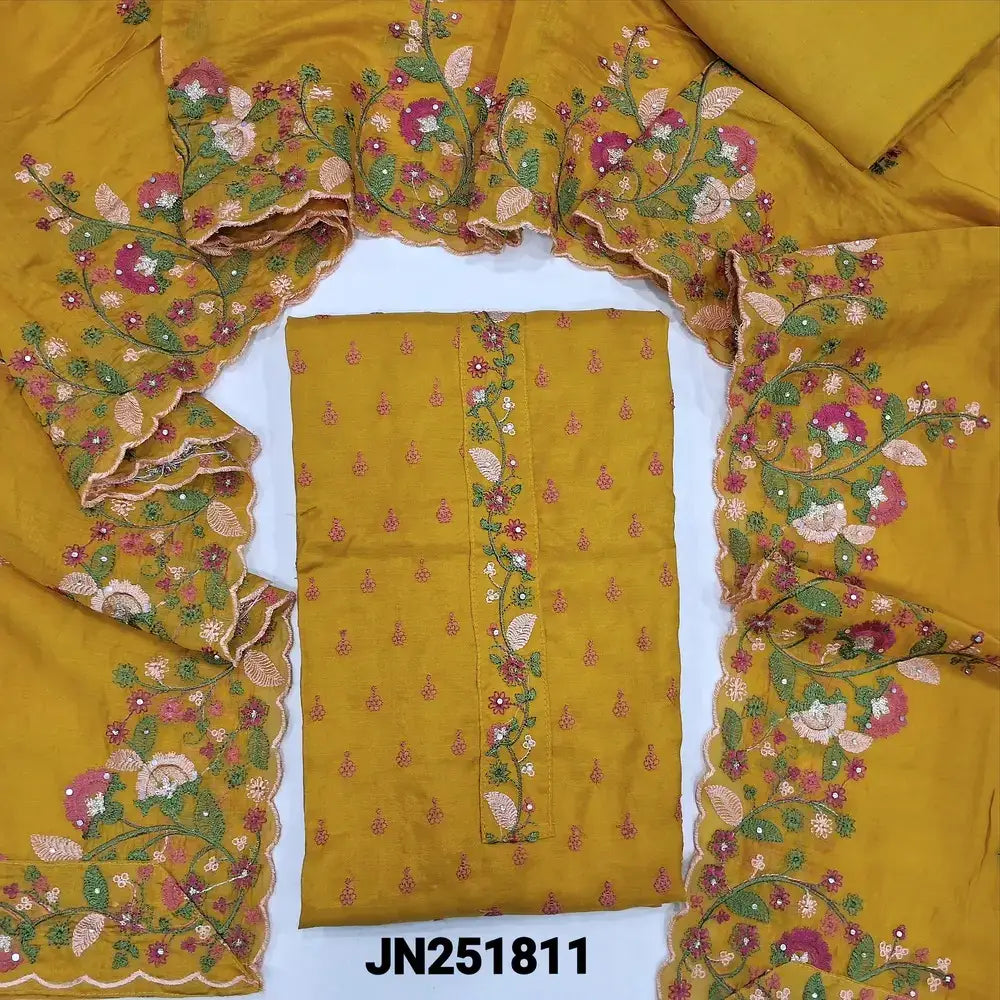 Mehandhi yellow embroidered pure maslin silk salwar material jn251811-Neidhal