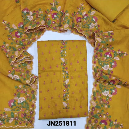 Mehandhi yellow embroidered pure maslin silk salwar material jn251811-Neidhal