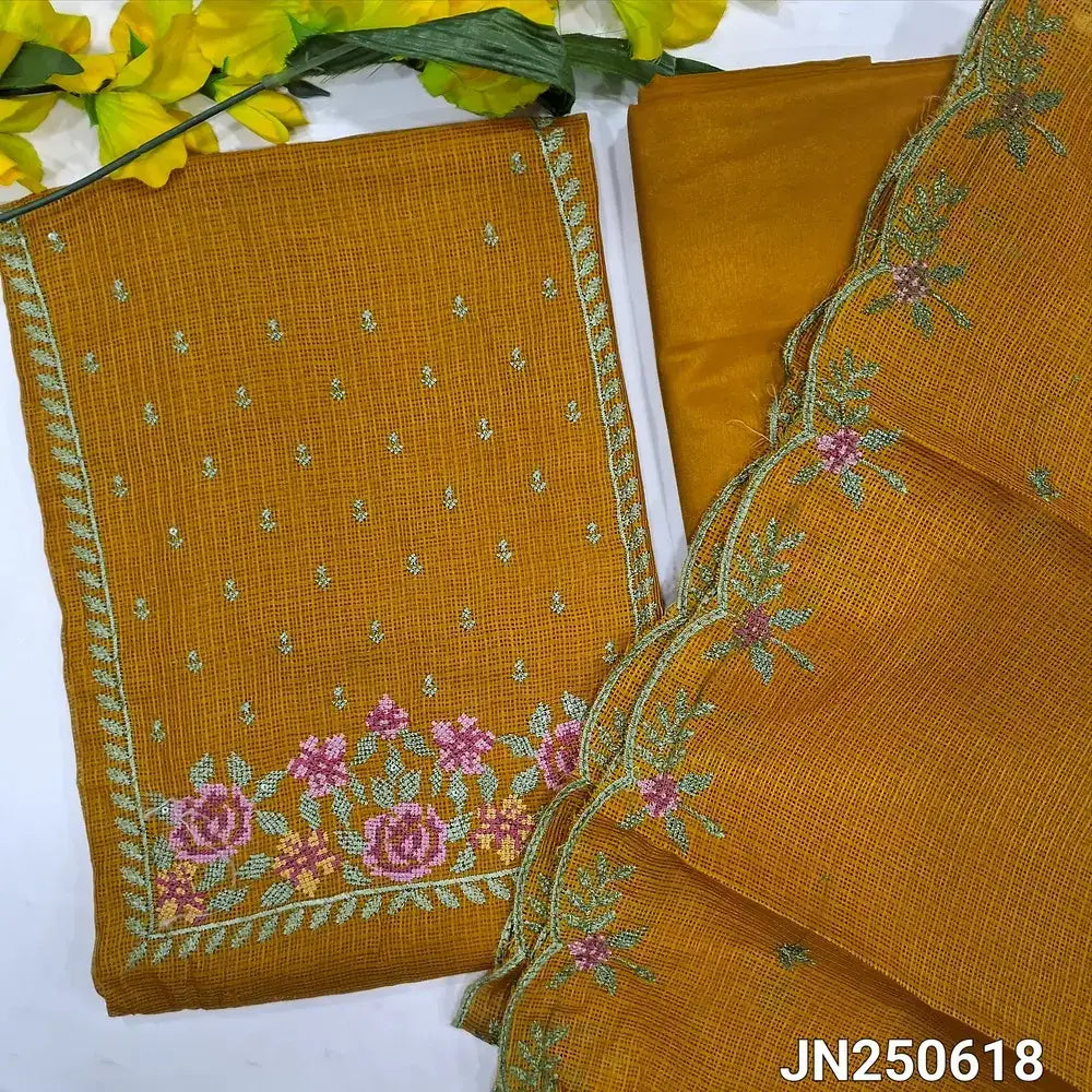 Mehandhi yellow fancy kota silk cotton salwar material jn250618-Neidhal