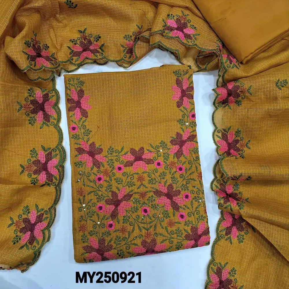 Mehandhi yellow fancy kota silk cotton salwar material my250921-Neidhal