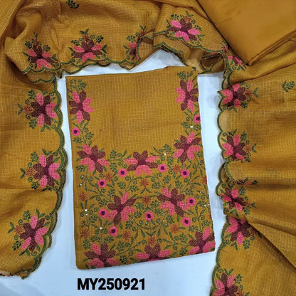 Mehandhi yellow fancy kota silk cotton salwar material my250921-Neidhal