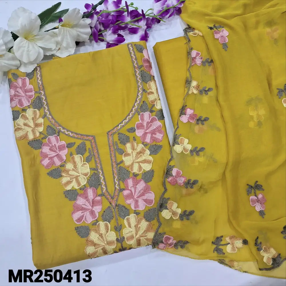 CODE MR250413: Mehandhi yellow fancy soft silk cotton unstitched salwar material machine embroidered on yoke&
