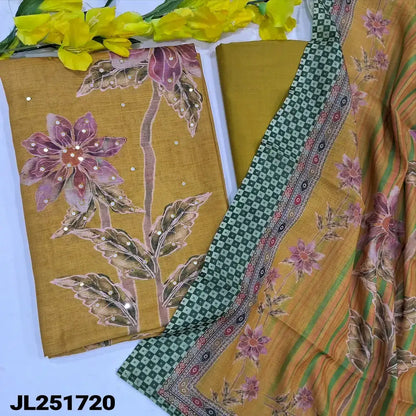 Mehandhi yellow floral printed semi linen salwar material jl251720-Neidhal