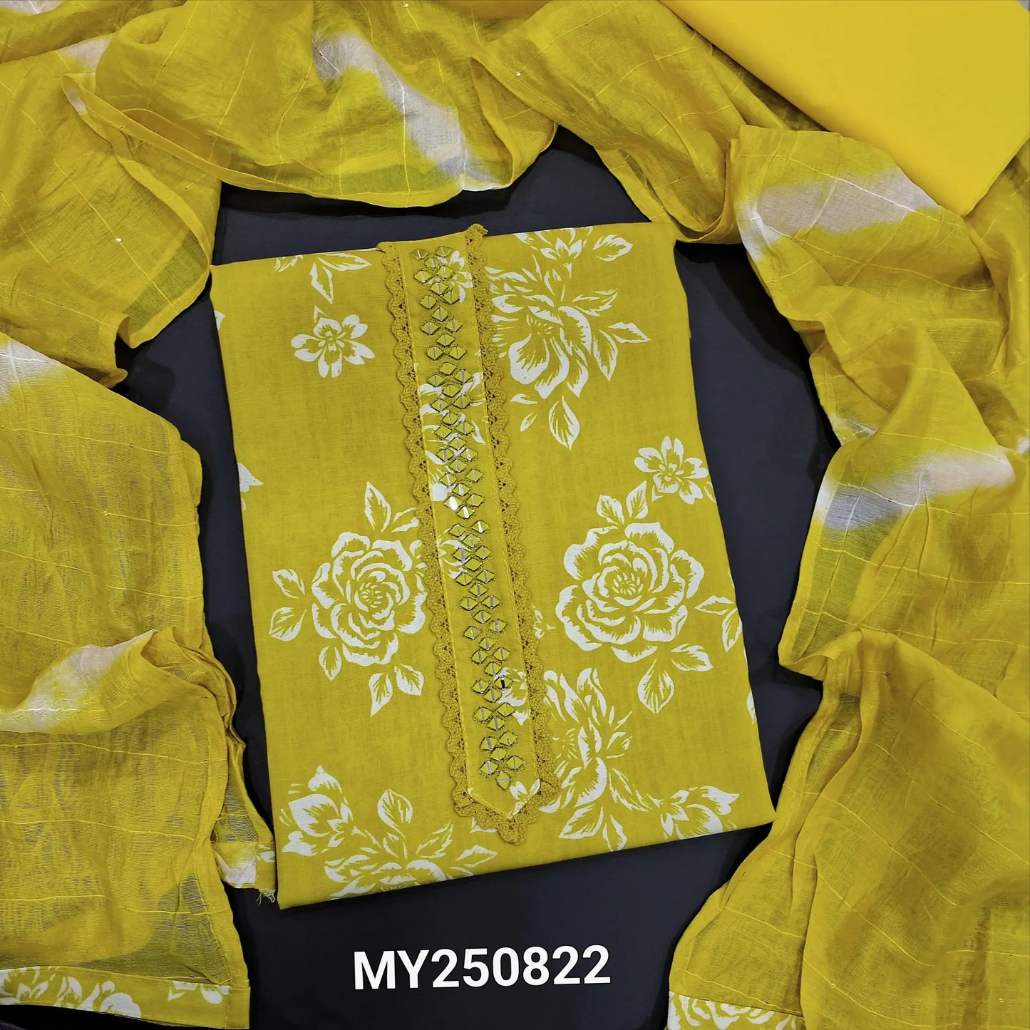 Mehandhi yellow floral printed semi linen salwar material my250822-Neidhal