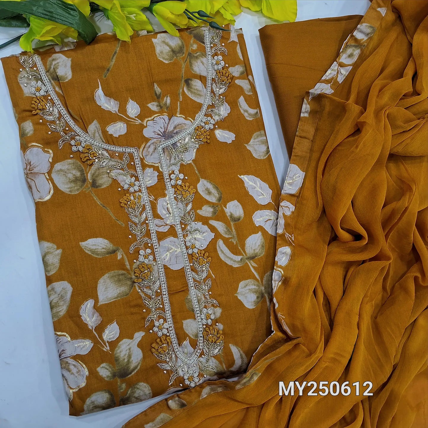 Mehandhi yellow leafy printed jam cotton salwar material my250612-Neidhal
