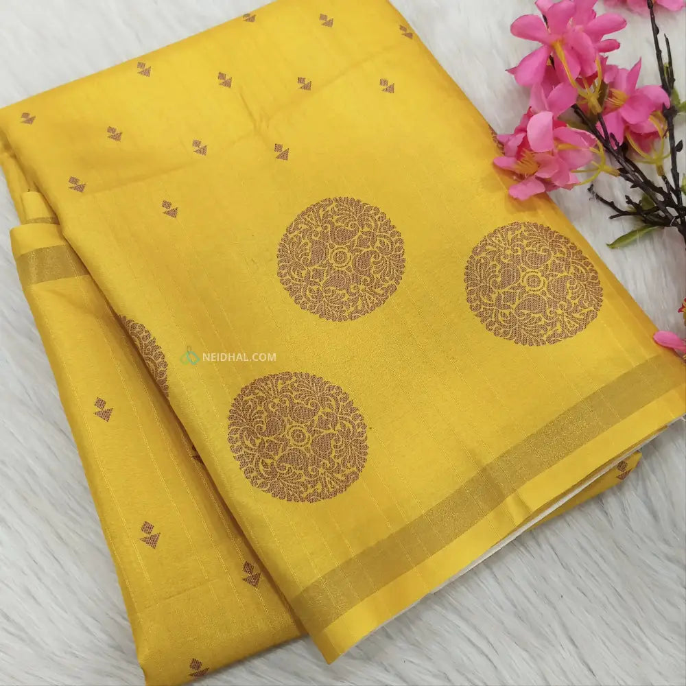 CODE NS10: Bright mehandhi yellow printed chappa silk saree jakard design all over chakra print with gold tissue