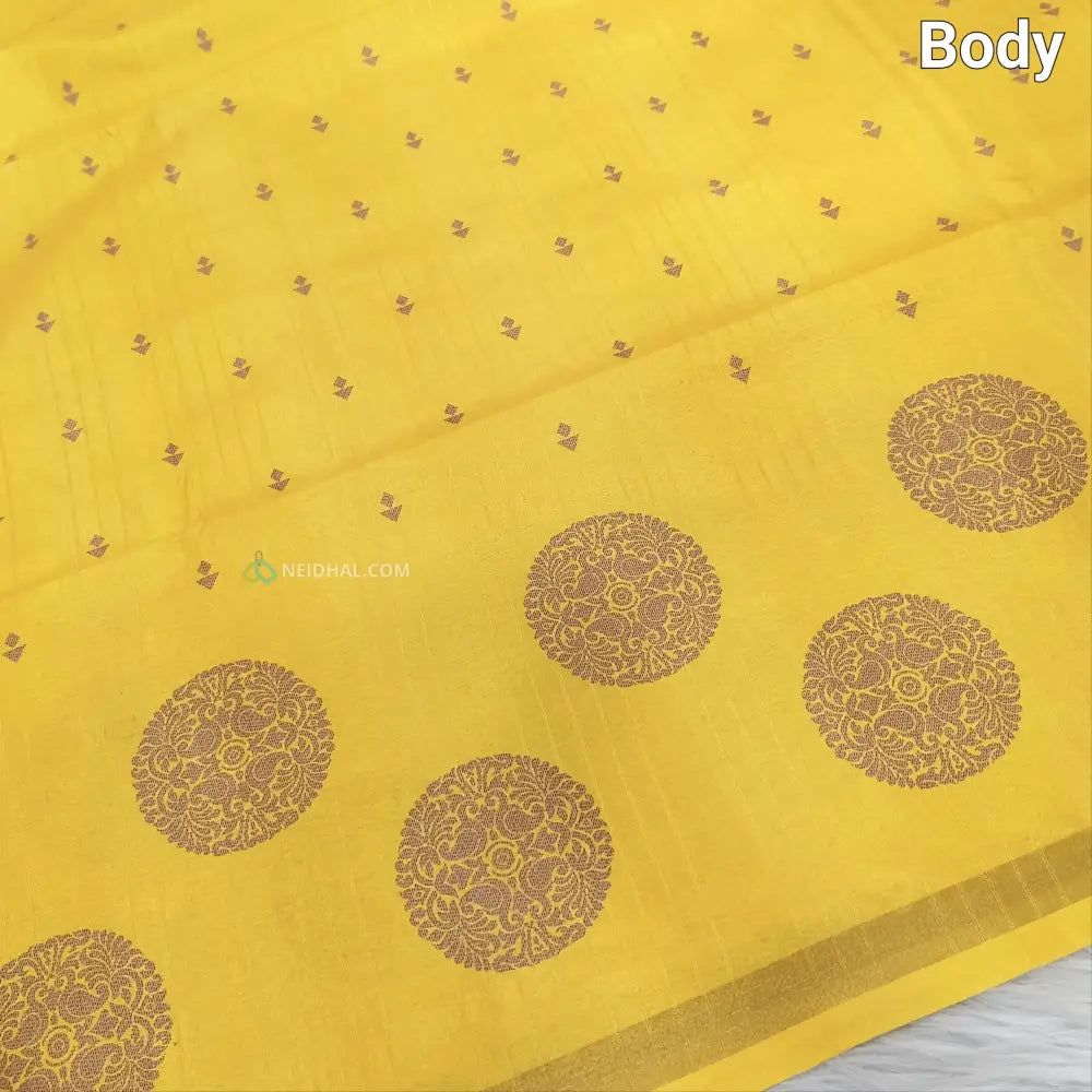 CODE NS10: Bright mehandhi yellow printed chappa silk saree jakard design all over chakra print with gold tissue