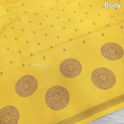 CODE NS10: Bright mehandhi yellow printed chappa silk saree jakard design all over chakra print with gold tissue