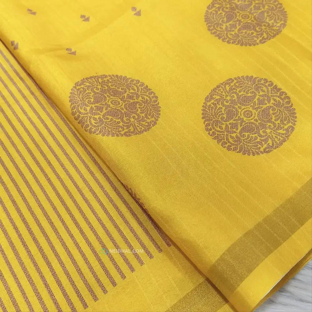 CODE NS10: Bright mehandhi yellow printed chappa silk saree jakard design all over chakra print with gold tissue