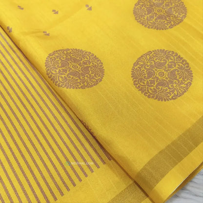 CODE NS10: Bright mehandhi yellow printed chappa silk saree jakard design all over chakra print with gold tissue