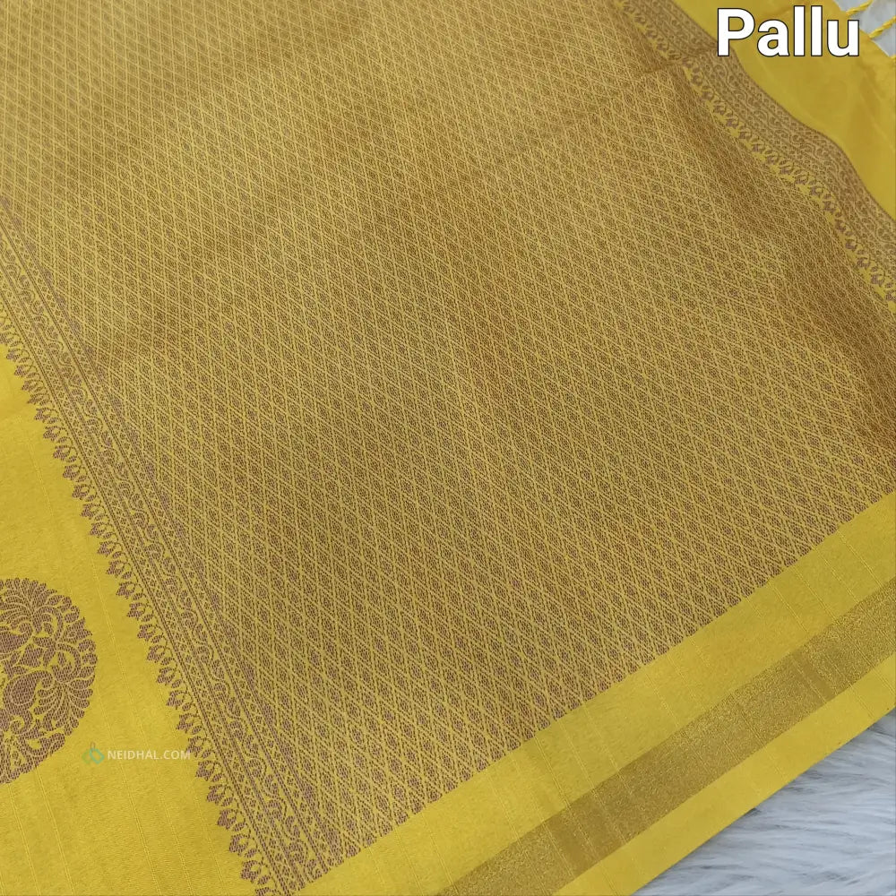 CODE NS10: Bright mehandhi yellow printed chappa silk saree jakard design all over chakra print with gold tissue