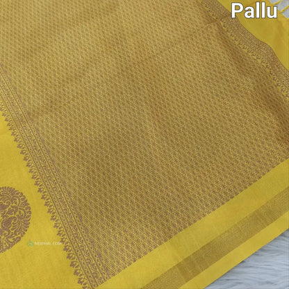 CODE NS10: Bright mehandhi yellow printed chappa silk saree jakard design all over chakra print with gold tissue
