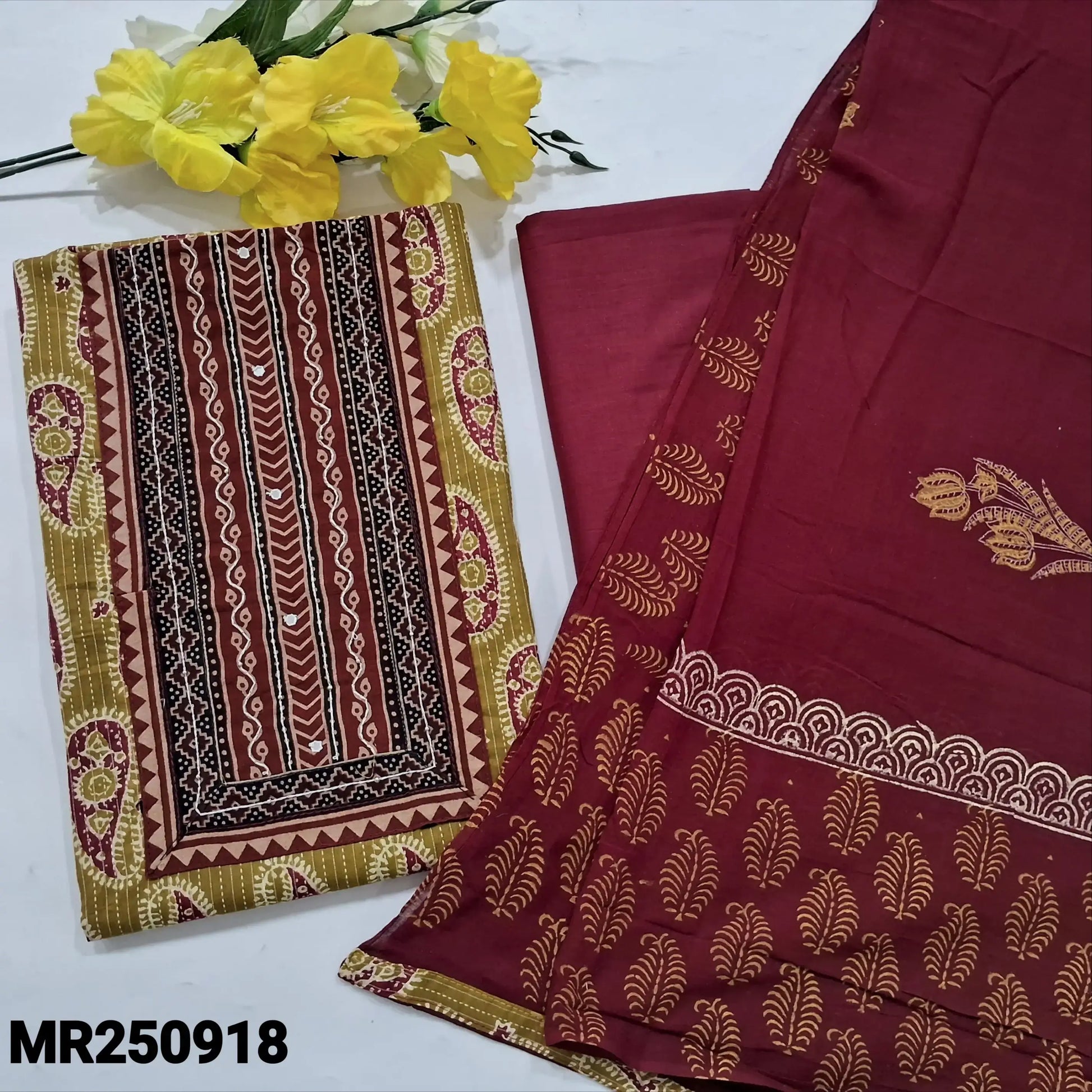 Mehandhi yellow printed kantha cotton salwar material mr250918-Neidhal