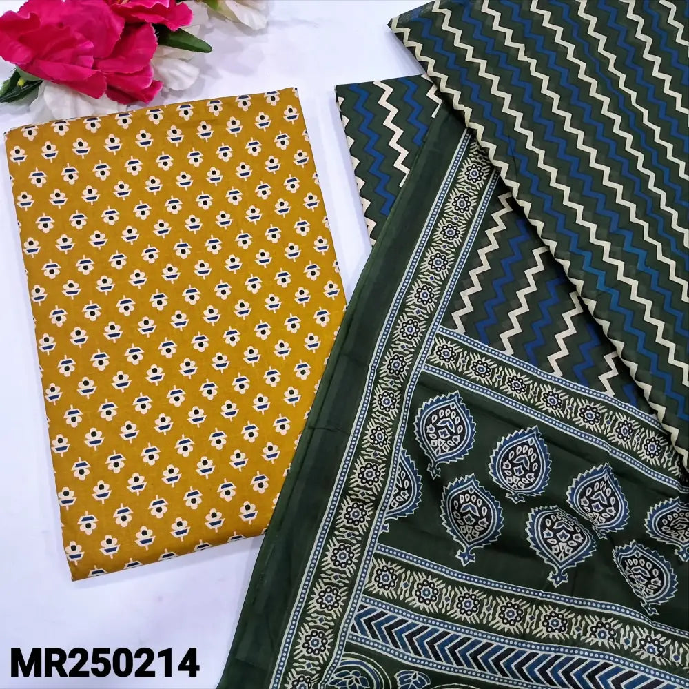 CODE MR250214: Mehandhi yellow printed soft cotton unstitched salwar material(lining optional)dark green zigzag printed