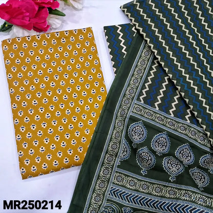 CODE MR250214: Mehandhi yellow printed soft cotton unstitched salwar material(lining optional)dark green zigzag printed