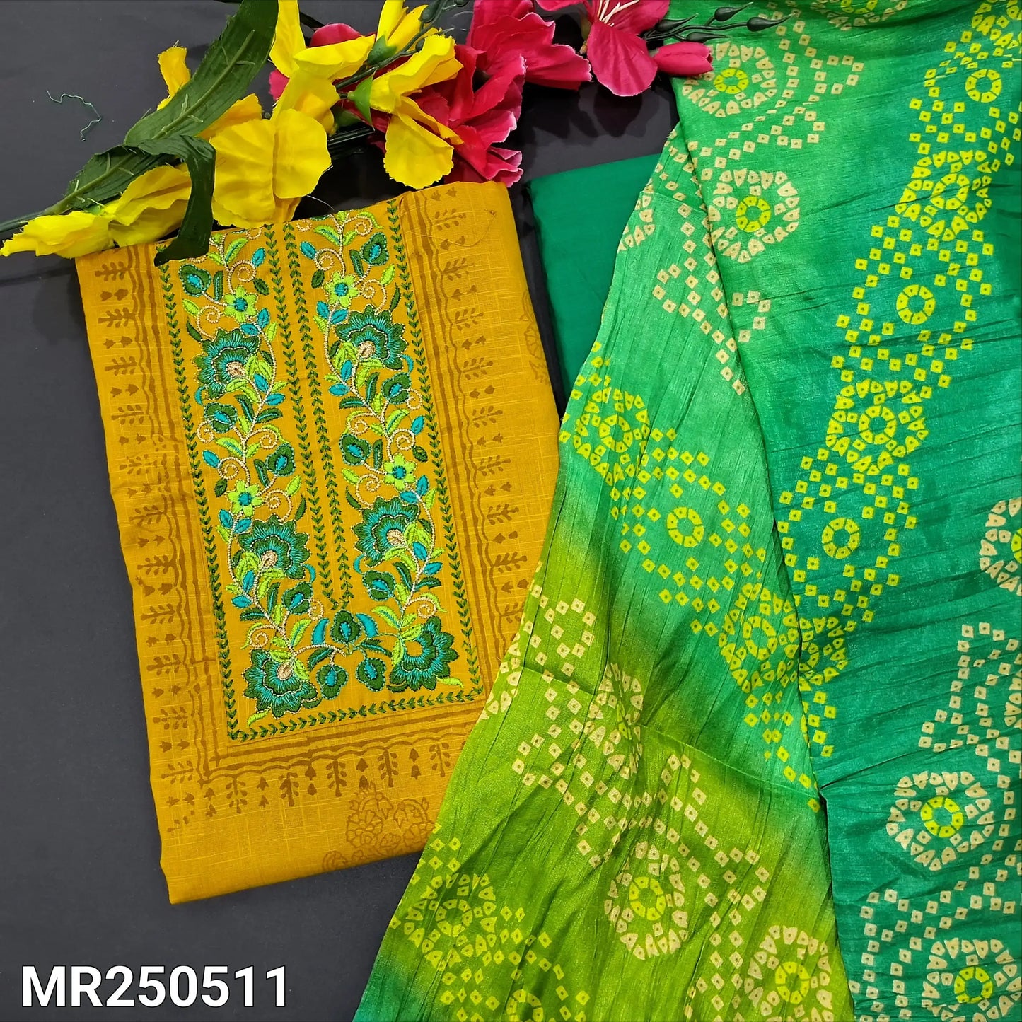 Mehandhi yellow slub cotton salwar material mr250511-Neidhal