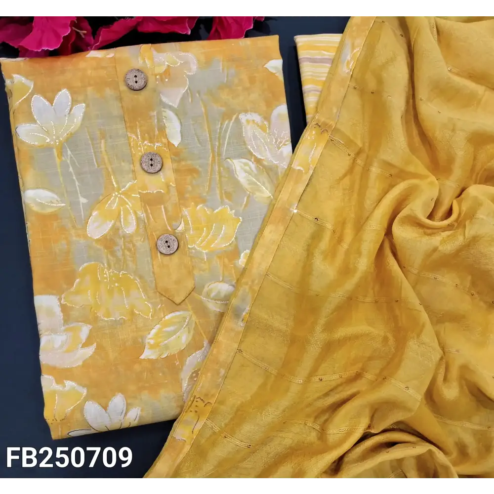 CODE FB250709: Mehandhi yellow slub cotton unstitched salwar material wooden buttons on yoke(lining needed)vertical