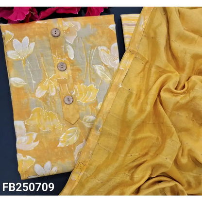 CODE FB250709: Mehandhi yellow slub cotton unstitched salwar material wooden buttons on yoke(lining needed)vertical