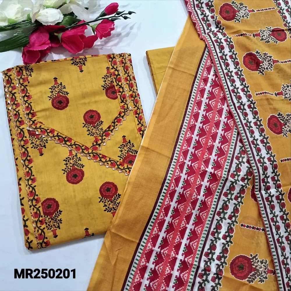 CODE MR250201: Mehandhi yellow soft cotton unstitched salwar material angraha neck with lace work& tassels(lining