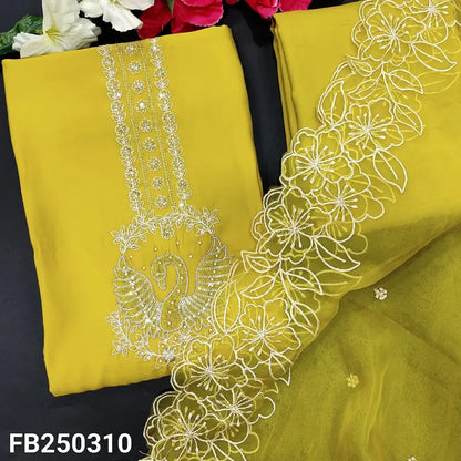 CODE FB250310: Bright mehandhi yellow soft silk cotton unstitched salwar material zari& bead work on yoke(soft fabric