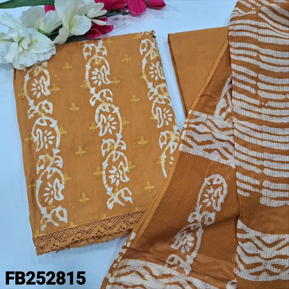CODE FB252815: Mehandhi yellow original wax batik dyed pure cotton unstitched salwar material embroidered on front lace