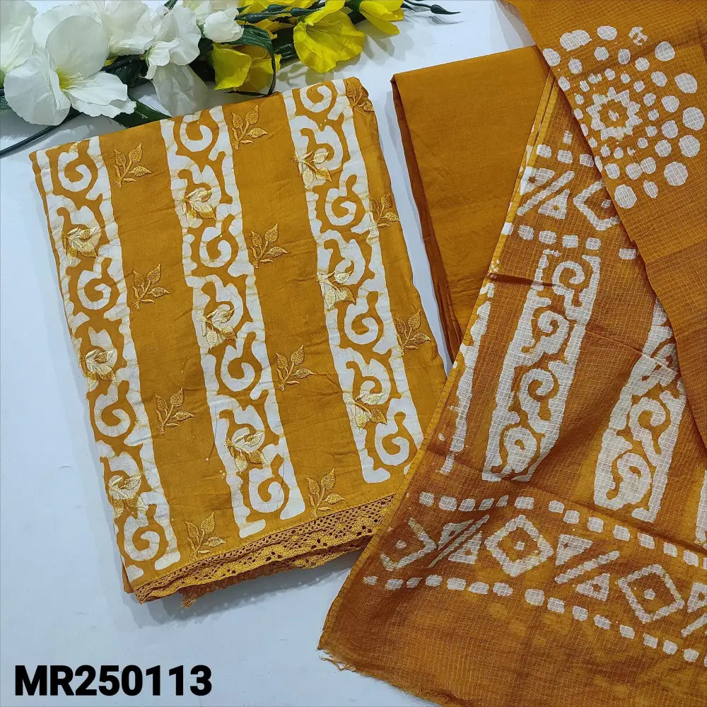 CODE MR250113: Mehandhi yellow original wax batik dyed pure cotton unstitched salwar material embroidered on front lace