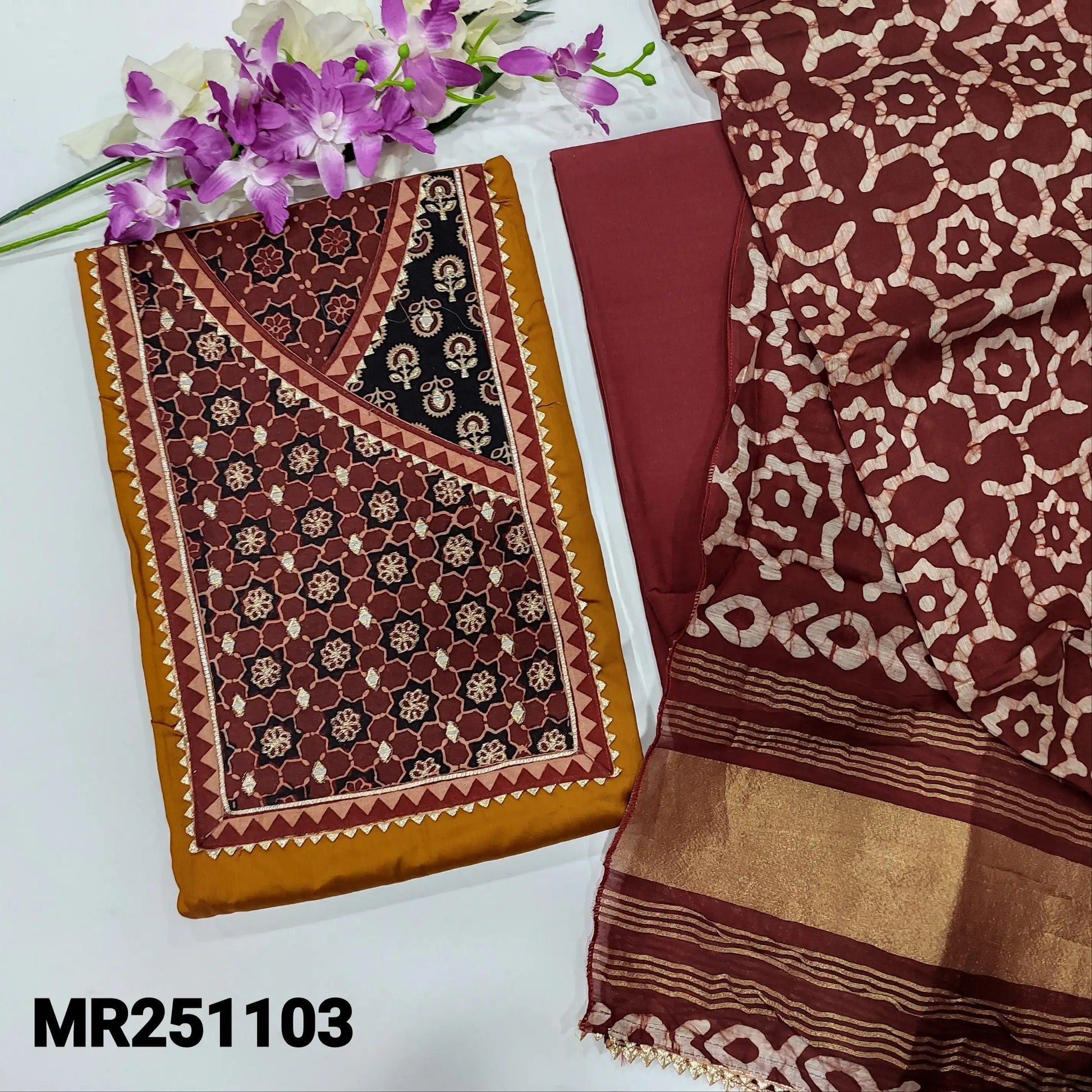 Mehndi Yellow Ajrakh Printed Cotton Salwar Material – Angrakha neckline