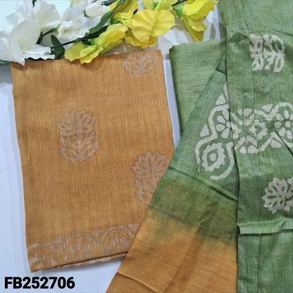 CODE FB252706: Mehandhi yellow batik dyed bagalpuri jute silk cotton unstitched salwar material(lining needed)pastel