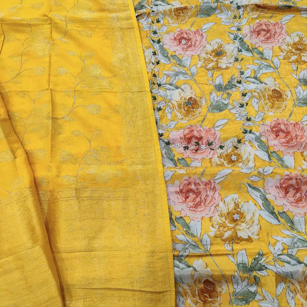 CODE FB252702: Bright mehandhi yellow designer floral printed pure maslin silk unstitched salwar material zardozi& bead