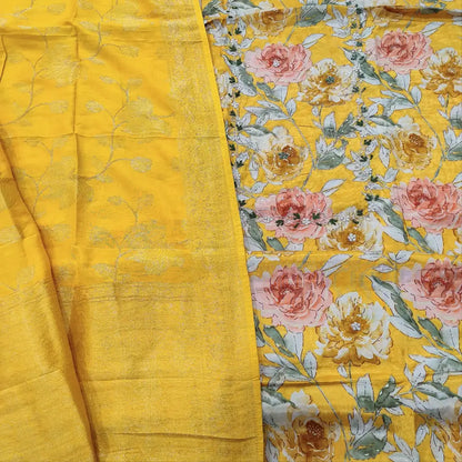 CODE FB252702: Bright mehandhi yellow designer floral printed pure maslin silk unstitched salwar material zardozi& bead