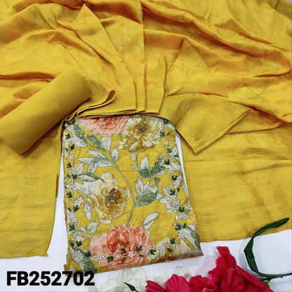 CODE FB252702: Bright mehandhi yellow designer floral printed pure maslin silk unstitched salwar material zardozi& bead