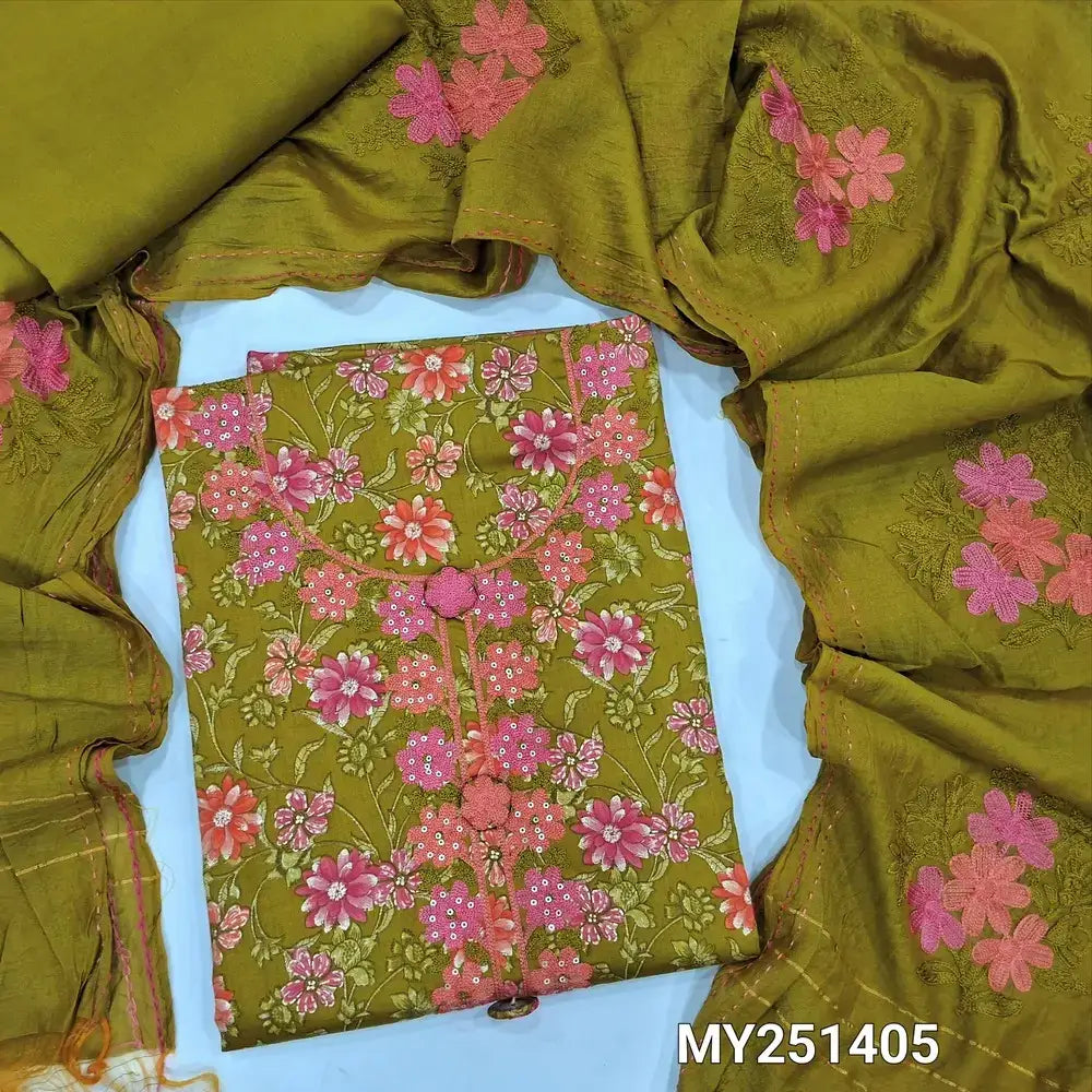 Mossy green floral printed satin cotton salwar material my251505-Neidhal