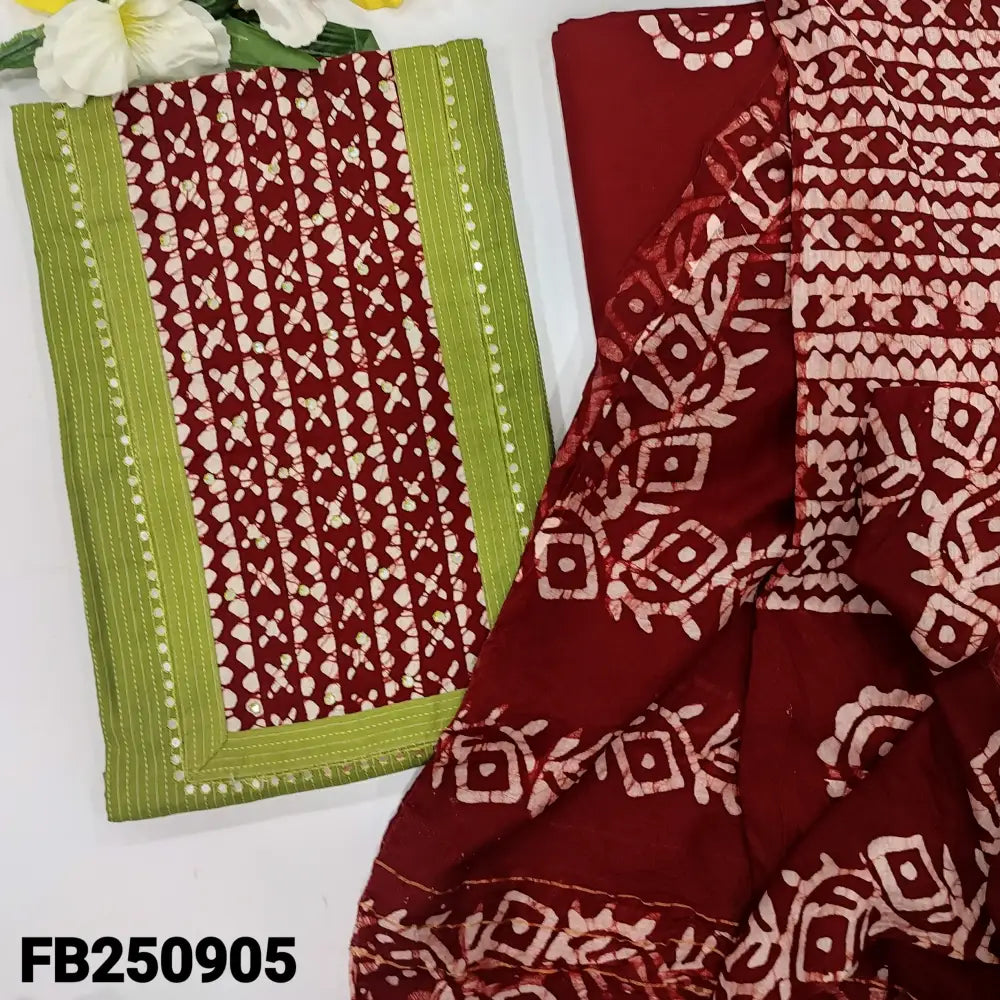 CODE FB250905: Light mossy green pure kantha cotton unstitched salwar material batik dyed yoke with faux mirror work