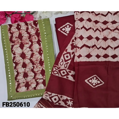 CODE FB250610: Light mossy green pure kantha cotton unstitched salwar material batik dyed yoke with faux mirror work