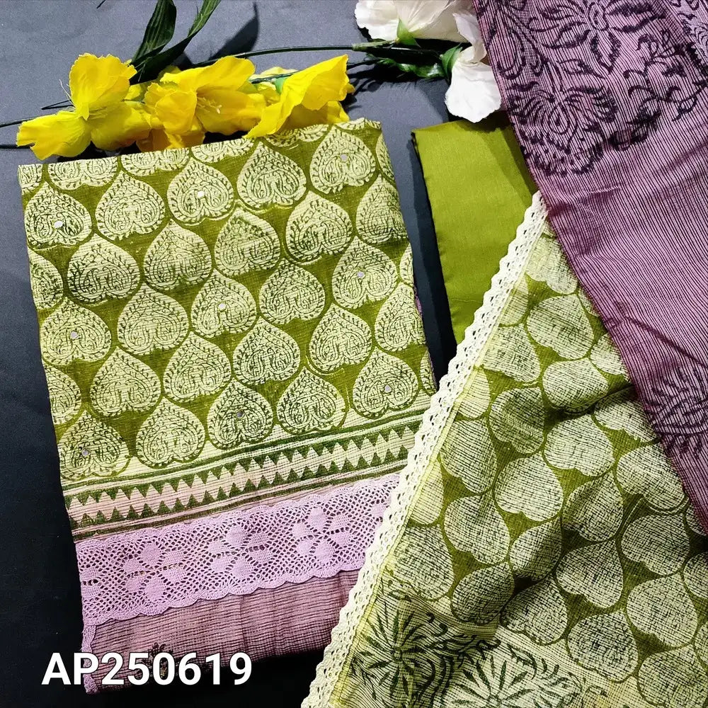 Mossy green mauve block printed fancy kota salwar material ap250619-Neidhal