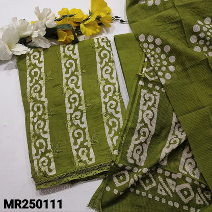 CODE MR250111: Mossy green original wax batik dyed pure cotton unstitched salwar material embroidered on front lace