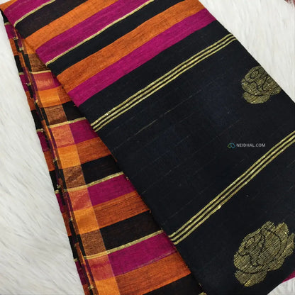 CODE NS15: Multi color designer vertical striped pure linen saree(thin & soft fabric)floral weaving & tassels on pallu