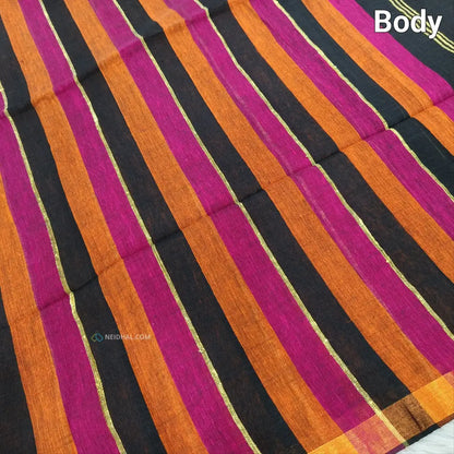 CODE NS15: Multi color designer vertical striped pure linen saree(thin & soft fabric)floral weaving & tassels on pallu