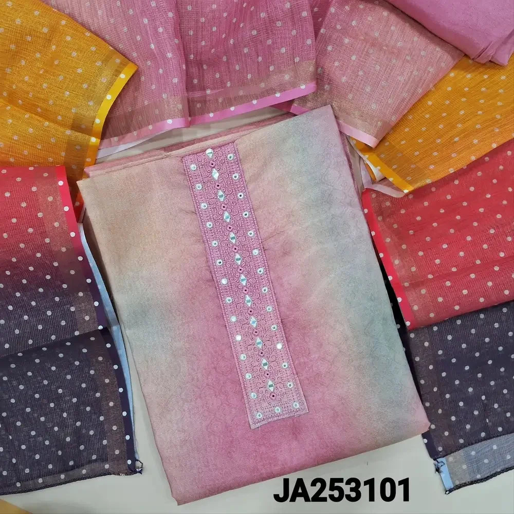 Multi color golden tint printed tissue silk cotton unstitched salwar material mirror