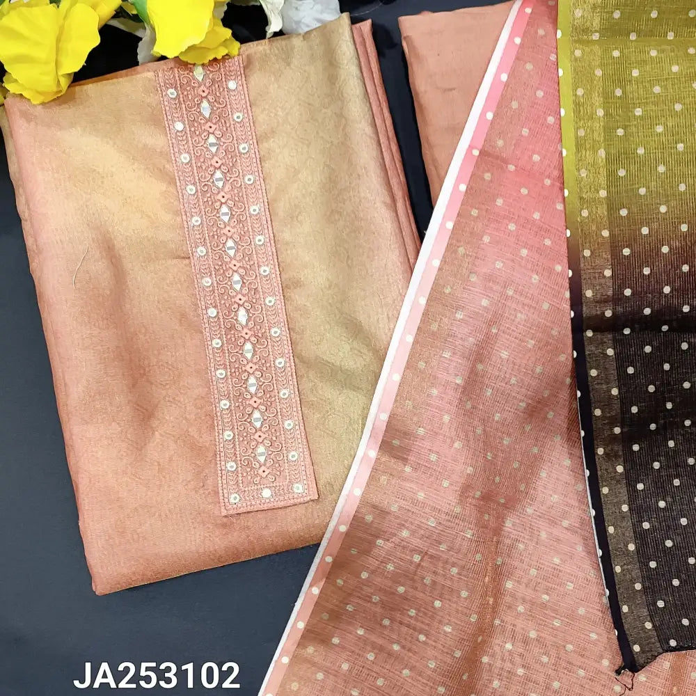 CODE JA253102: Multi color with golden tint printed tissue silk cotton unstitched salwar material thread& real mirror