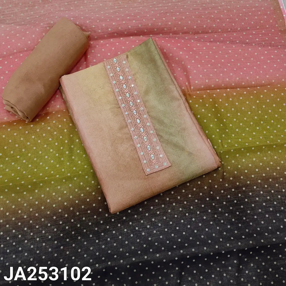 CODE JA253102: Multi color with golden tint printed tissue silk cotton unstitched salwar material thread& real mirror