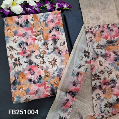 CODE FB251004: Multi color printed semi linen unstitched salwar material fancy buttons on yoke(lining optional)grey