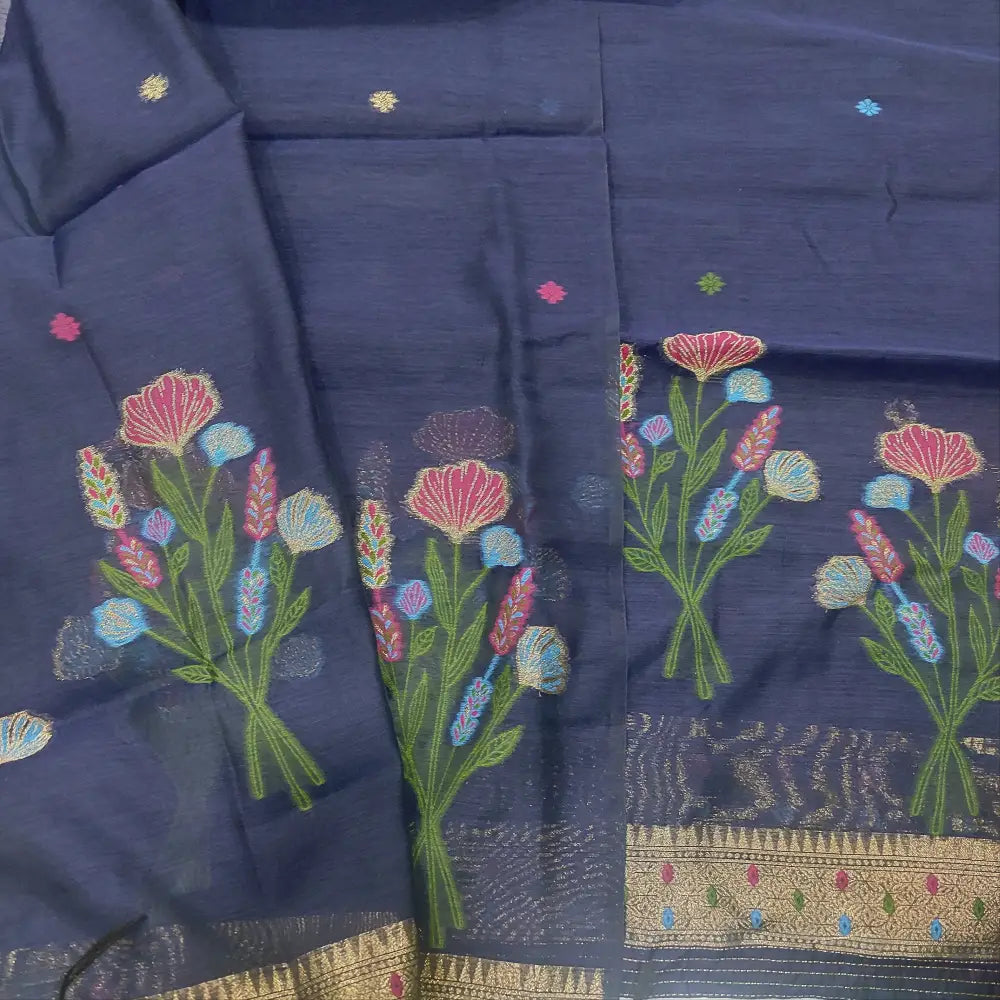 CODE FB250708: Navy blue jamdani woven premium silk cotton unstitched salwar material(thin fabric lining