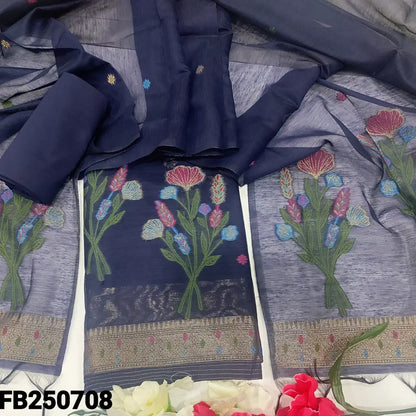 CODE FB250708: Navy blue jamdani woven premium silk cotton unstitched salwar material(thin fabric lining