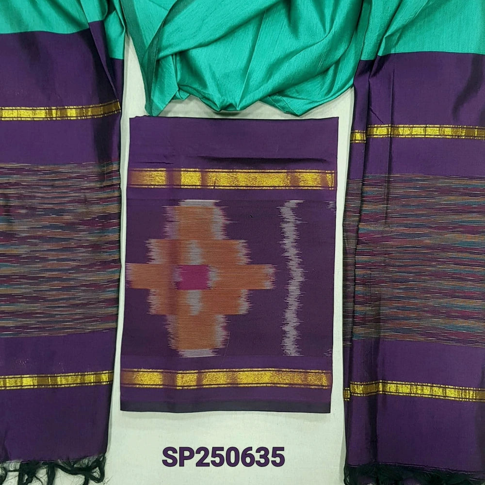 Purple silk cotton unstitched salwar material, thread woven design on daman(lining needed)light blue silk cotton bottom, dual shaded silk cotton dupatta. CODE SP250635