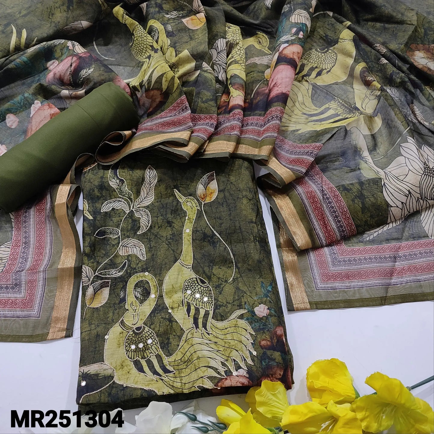 Olive green digital printed silk cotton salwar material mr251303-Neidhal
