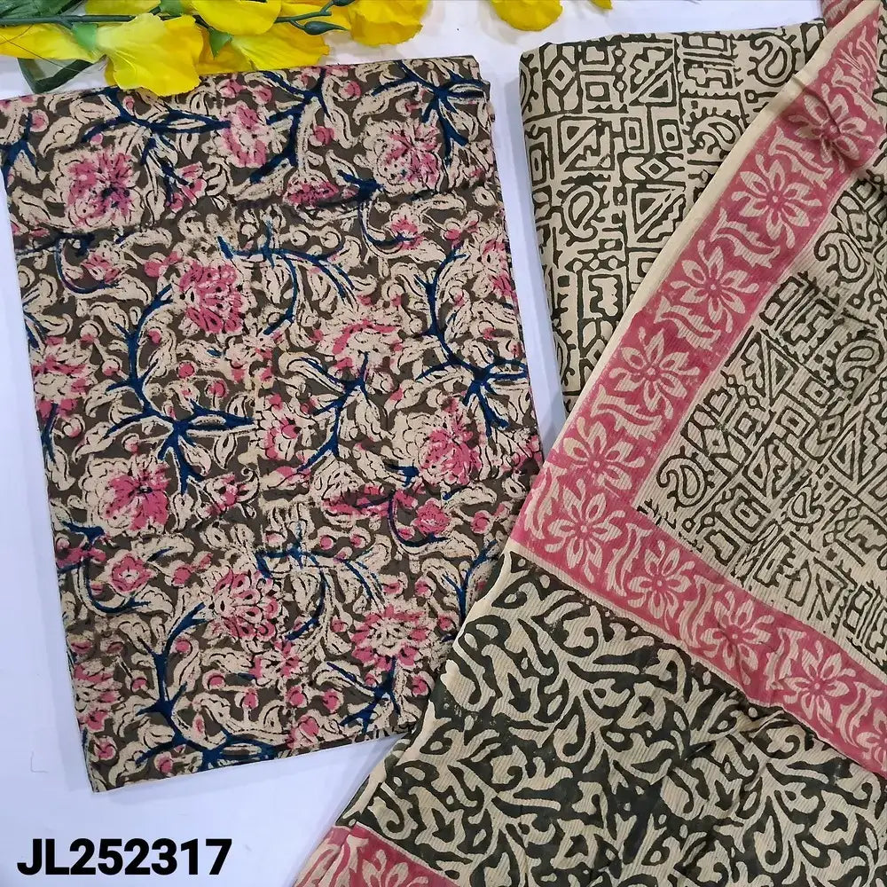 Olive green kalamkari block printed cotton salwar material jl252317-Neidhal