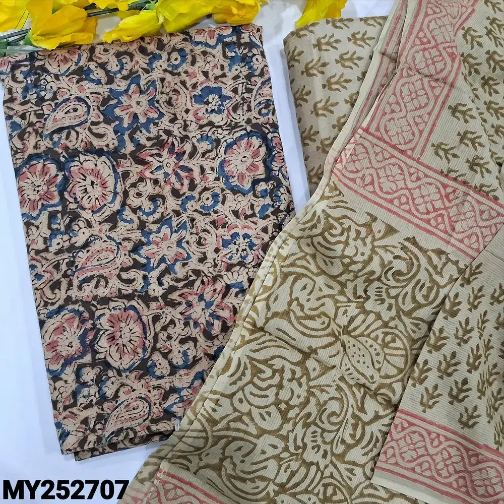 Olive green kalamkari block printed cotton salwar material my252707-Neidhal